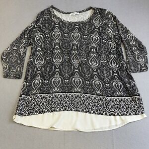 Rose Olive Blouse Womens 1X Black White 3/4 Sleeve Tunic Paisly Print Shirt Top